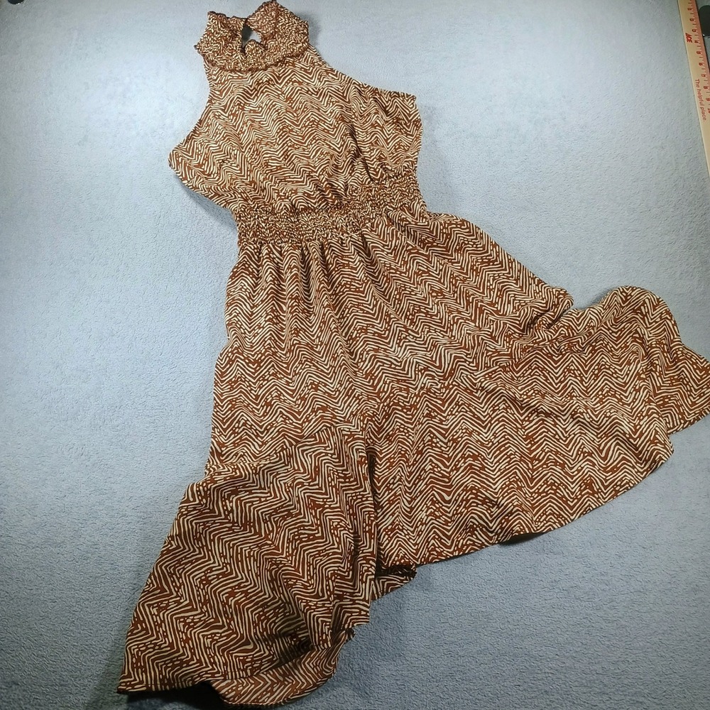 Maurices Womens Halter Neck Smocked Waist Brown Geometric Dress Small NWT